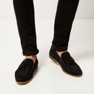 Navy suede woven tassel loafers